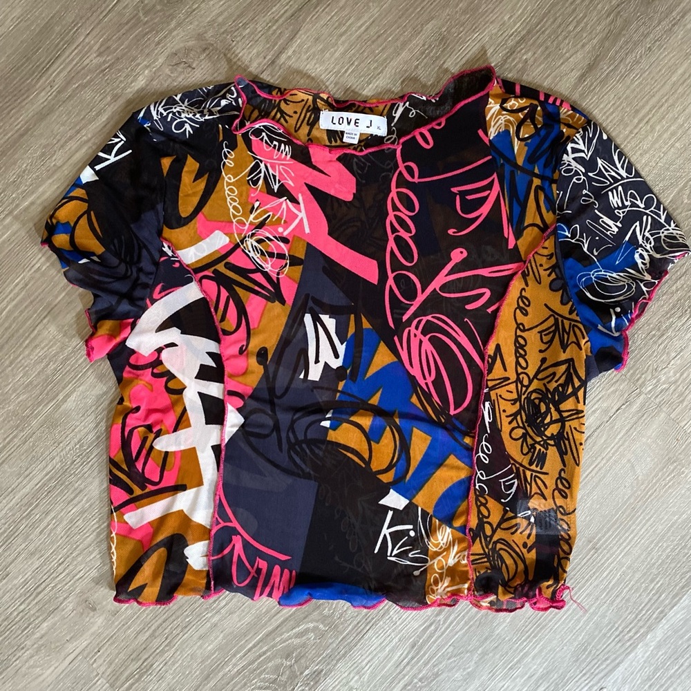 ‘colorfull mesh sheer top’